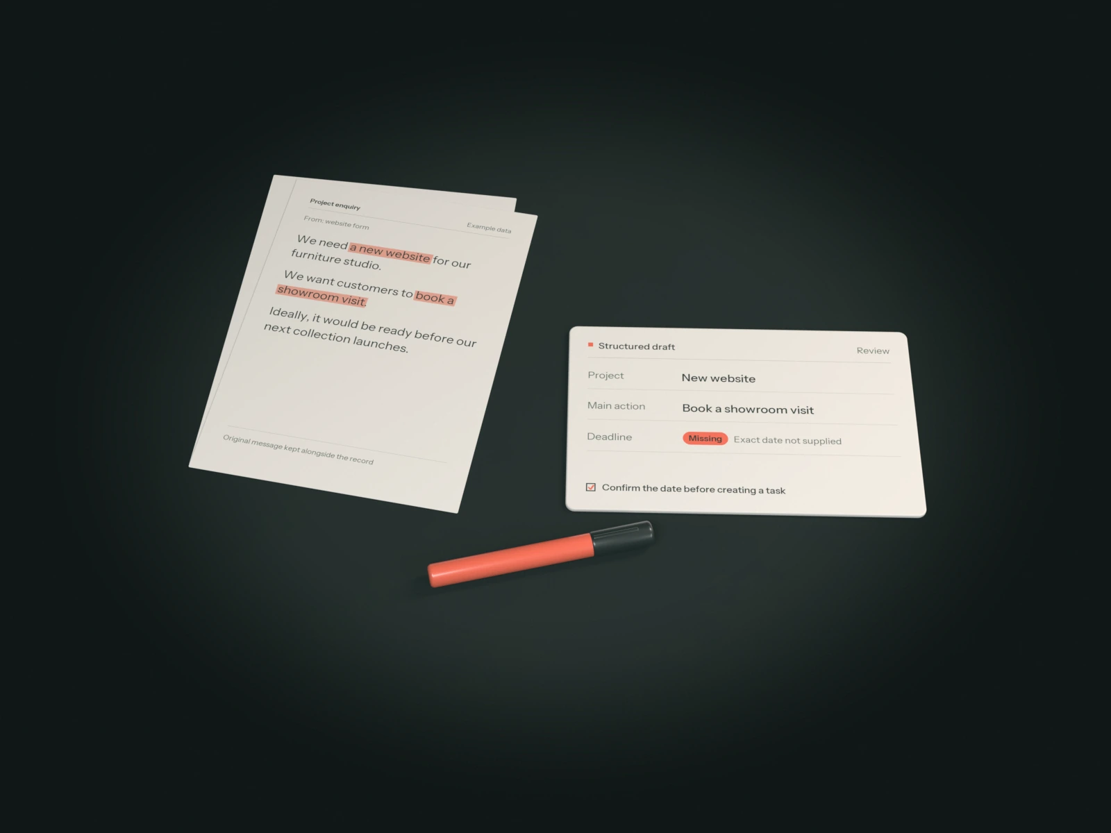 A printed project enquiry with two phrases highlighted, next to a structured draft that marks the deadline as missing.