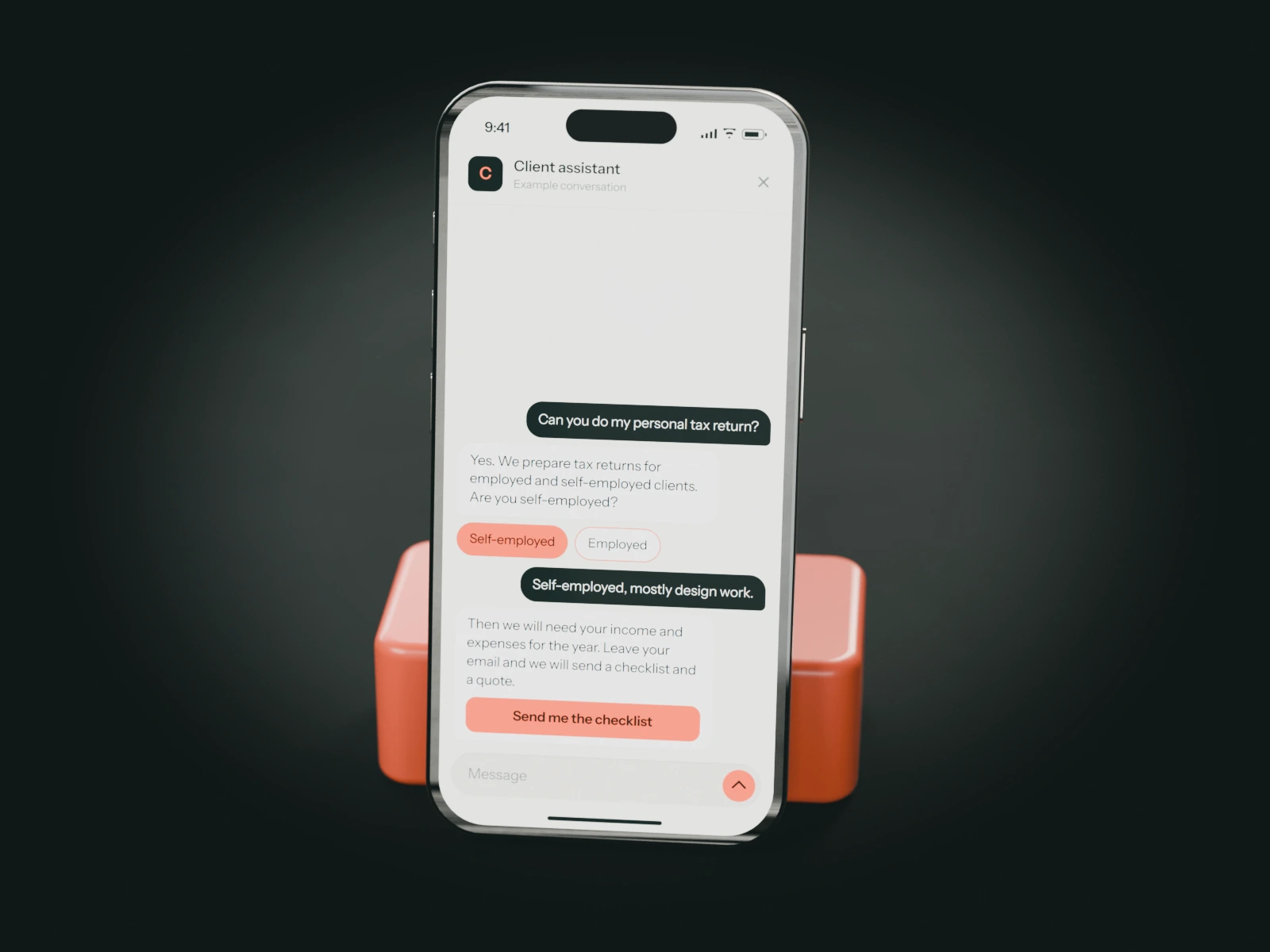 A phone on a coral stand showing an example chat with an accounting firm's assistant: a self-employed designer asks about a tax return and is offered a checklist.