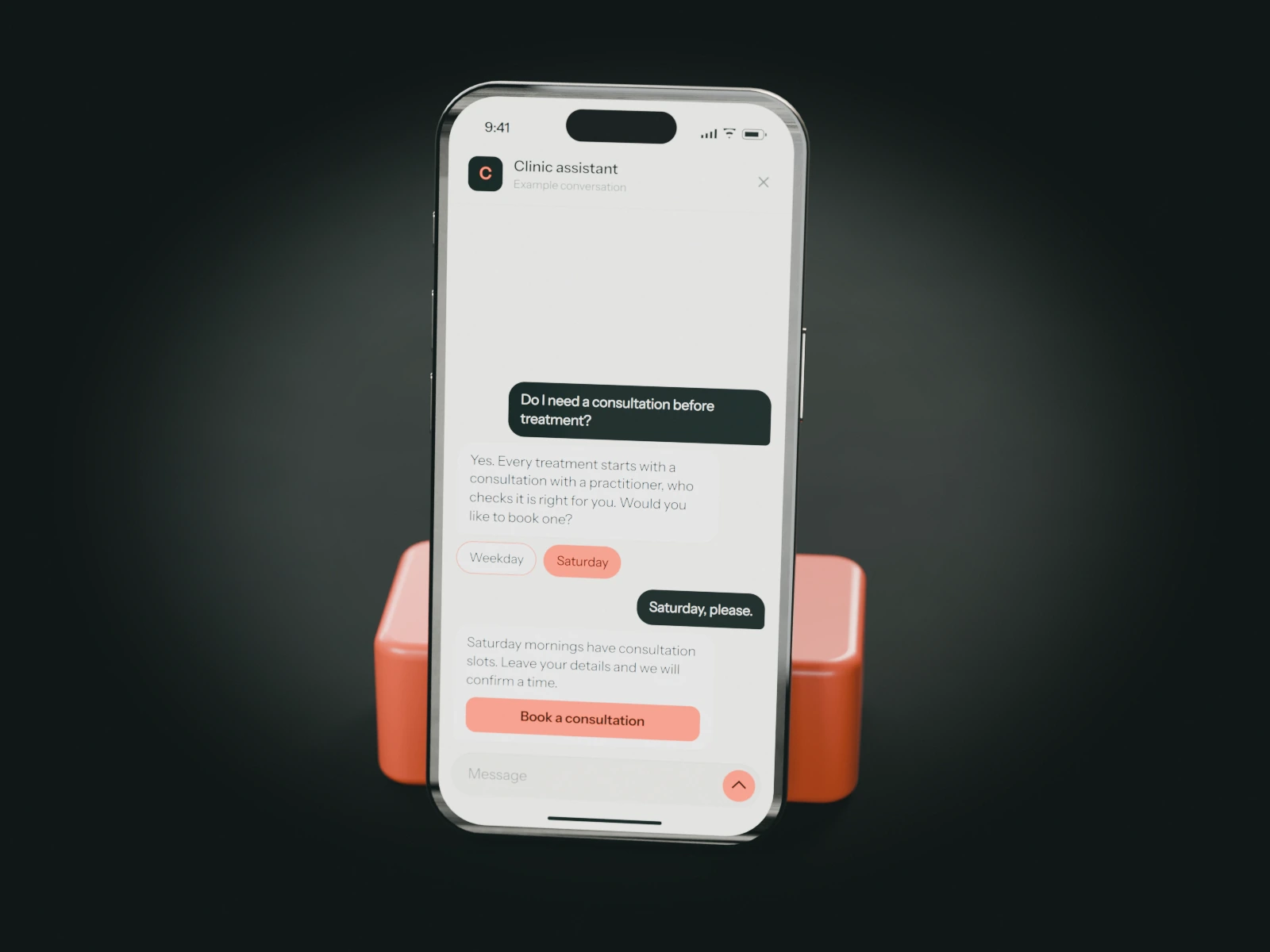A phone on a coral stand showing an example chat with an aesthetic clinic's assistant: a visitor learns that treatment starts with a consultation and asks for a Saturday.