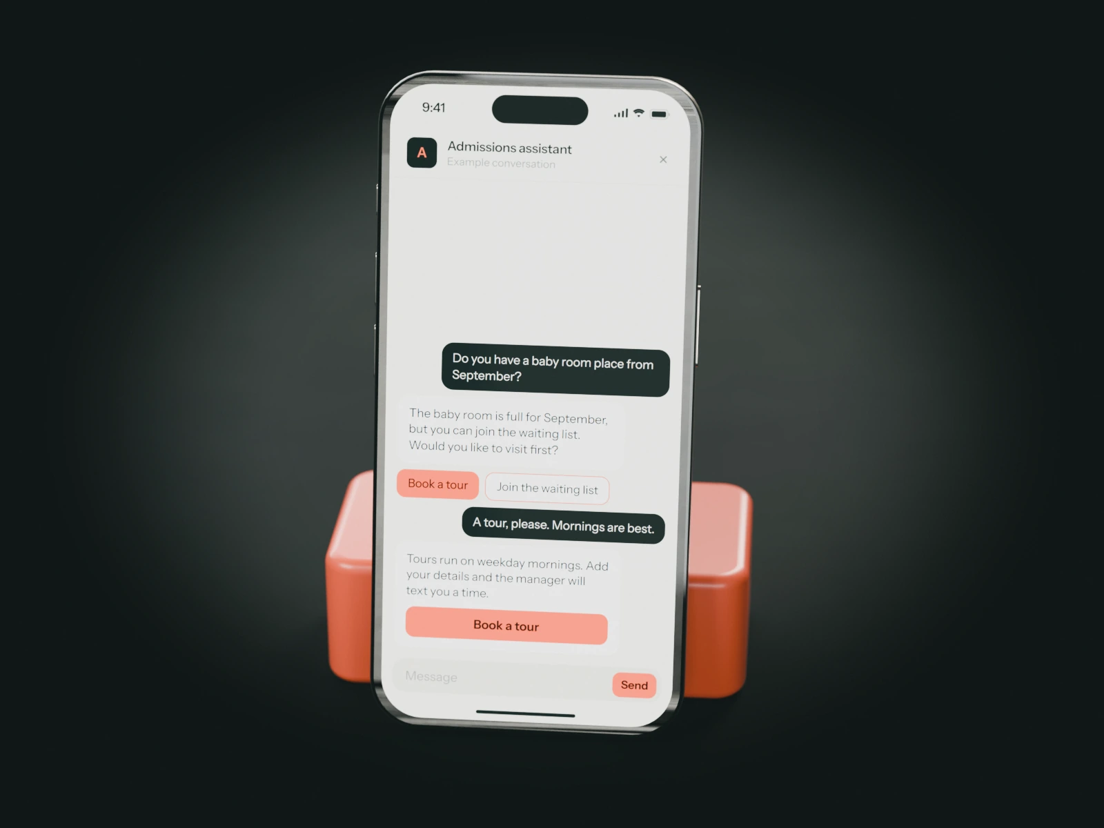 A phone on a coral stand showing an example chat with a nursery's admissions assistant: a parent asks about a baby room place from September and books a tour.