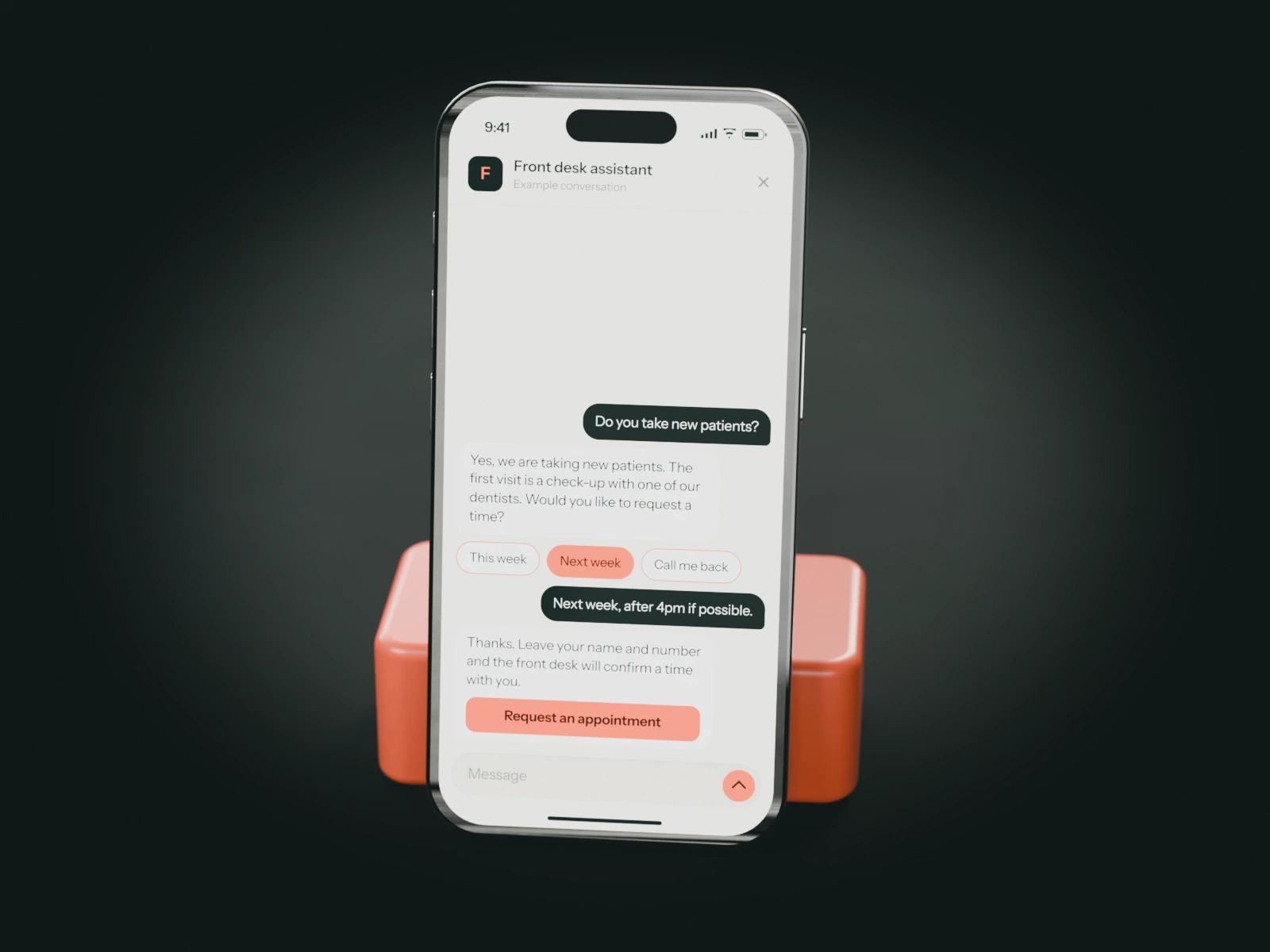 A phone on a coral stand showing an example chat with a dental clinic's front desk assistant: a new patient asks for a check-up next week.