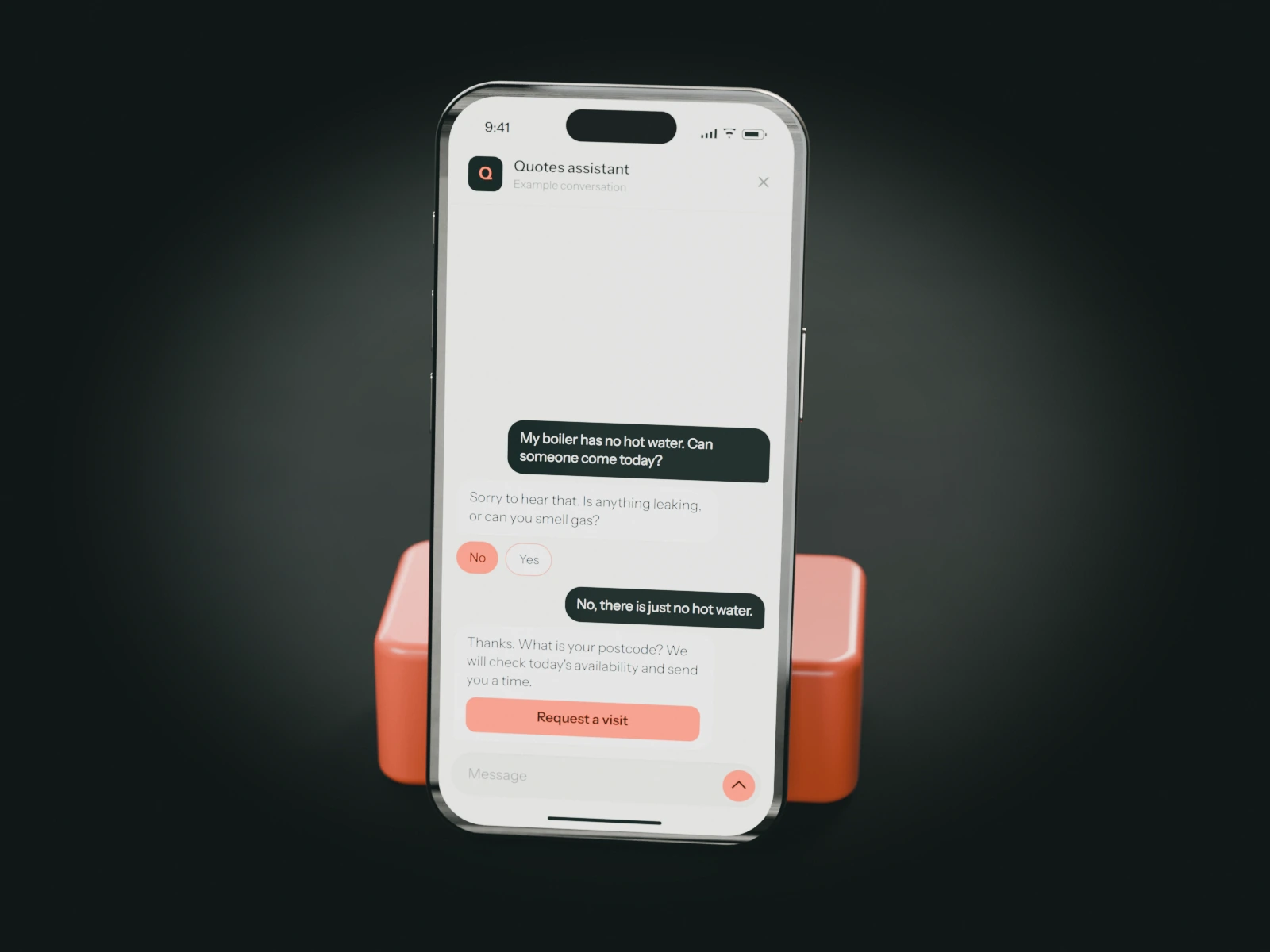 A phone on a coral stand showing an example chat with a heating engineer's quotes assistant: a customer with no hot water is checked for a gas smell and asked for a postcode.