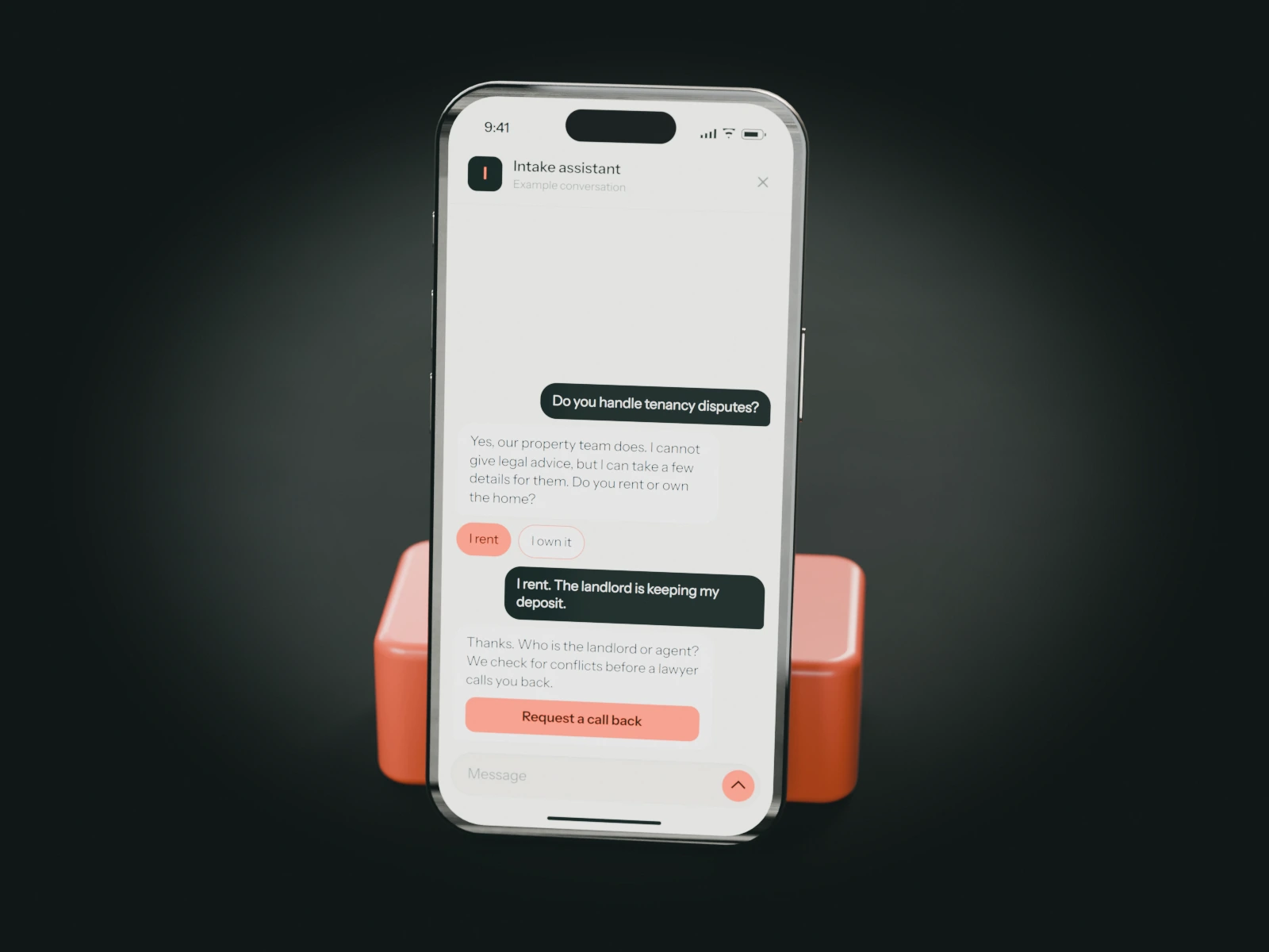 A phone on a coral stand showing an example chat with a law firm's intake assistant: a tenant asks about a deposit dispute and is offered a call back.