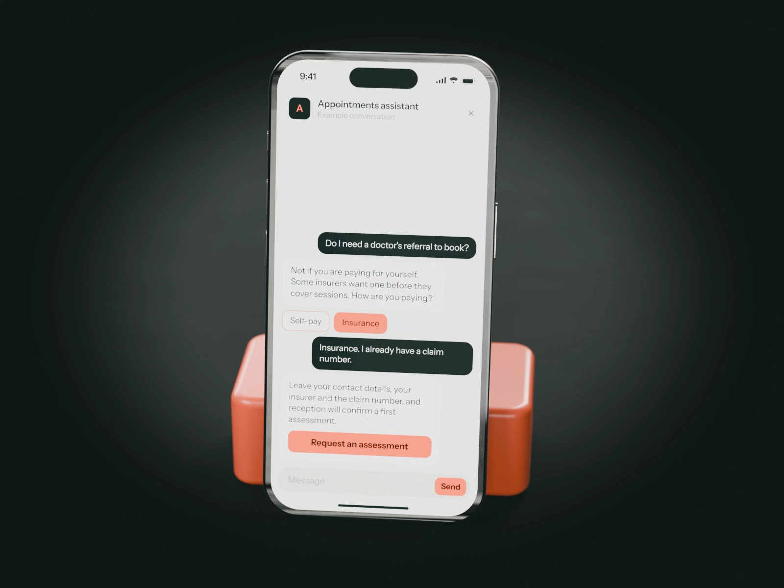 A phone on a coral stand showing an example chat with a physiotherapy clinic's appointments assistant: a patient asks whether they need a referral and is paying through their insurer.
